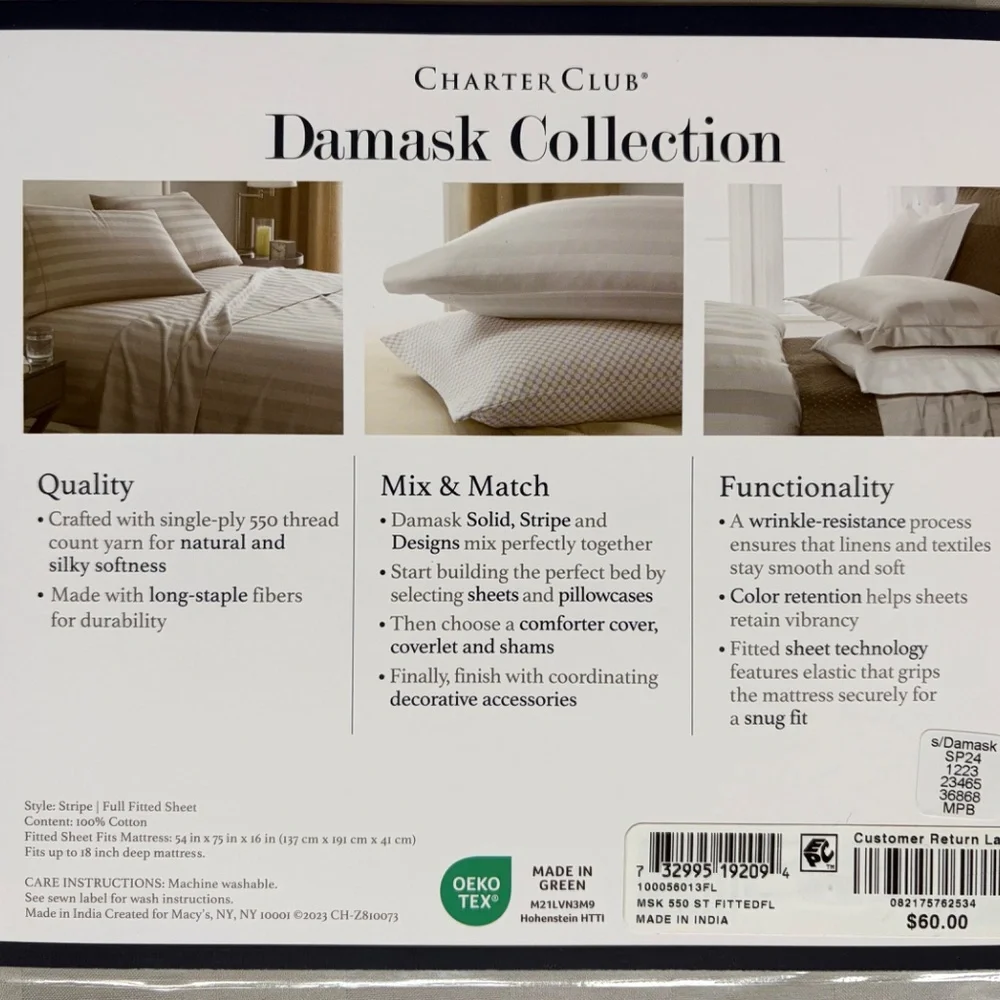 new SMOKE GRAY Charter Club Damask 550 TC 100% Cotton Stripe Full Fitted Sheet